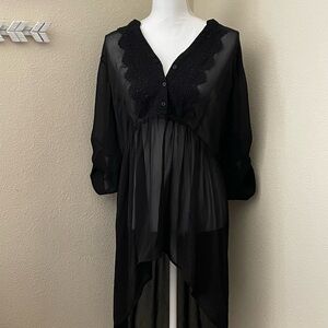 Elegant Black Sheer Lace Trim High Low Blouse